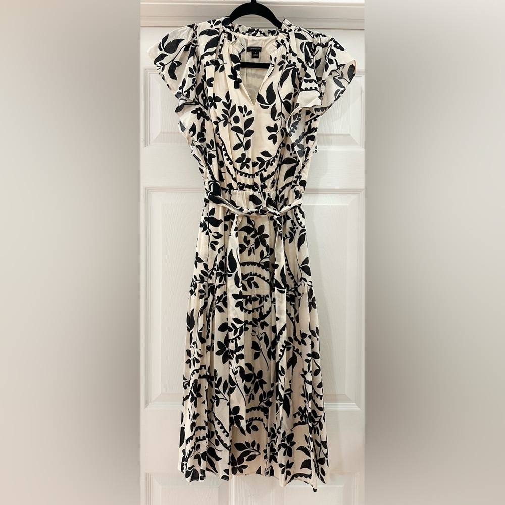 NEW Ann Taylor Floral Leaf Print Tiered dress Cream black Flutter Sleeve sz XS - Picture 4 of 7